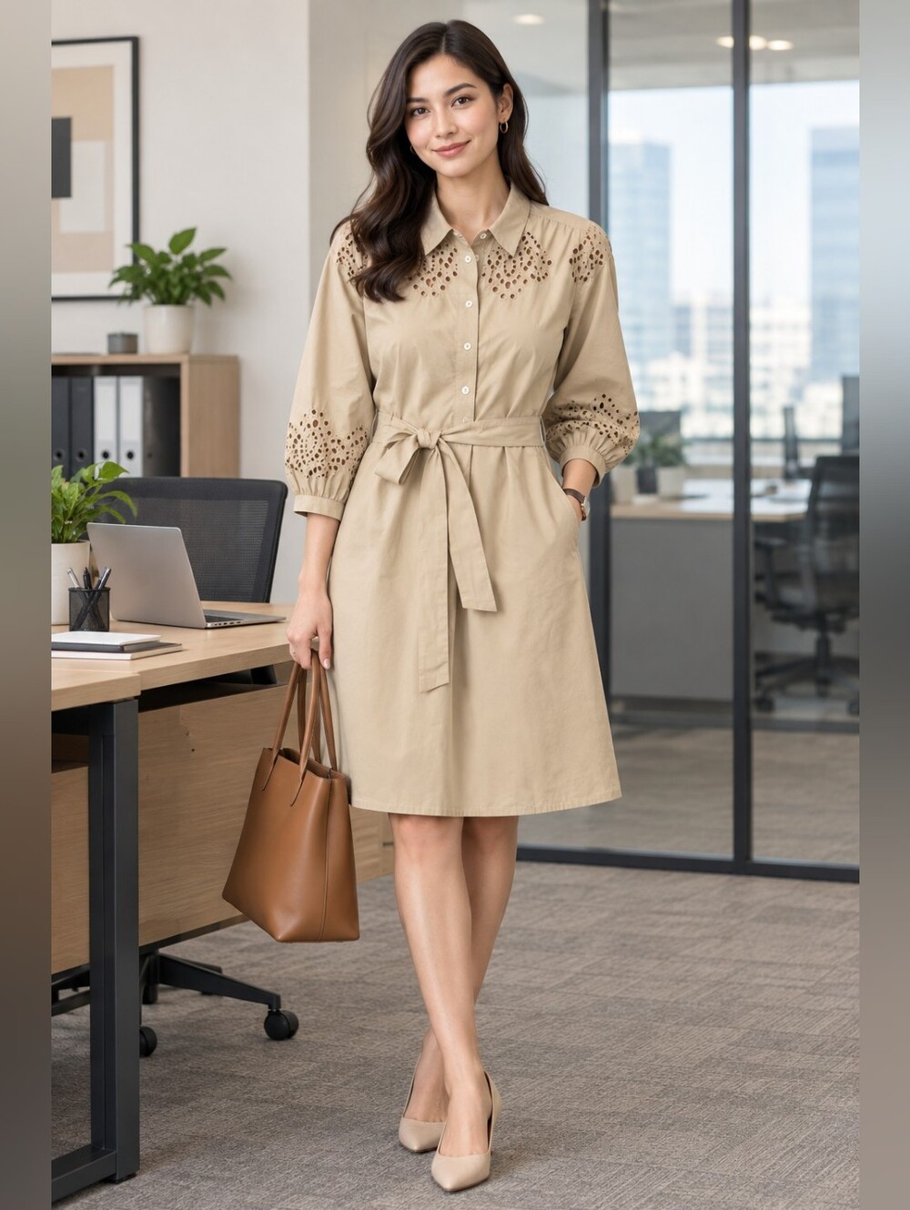 GAP Tan Eyelet Shirt Fall Cotton Dress with Waist Tie. Size ST